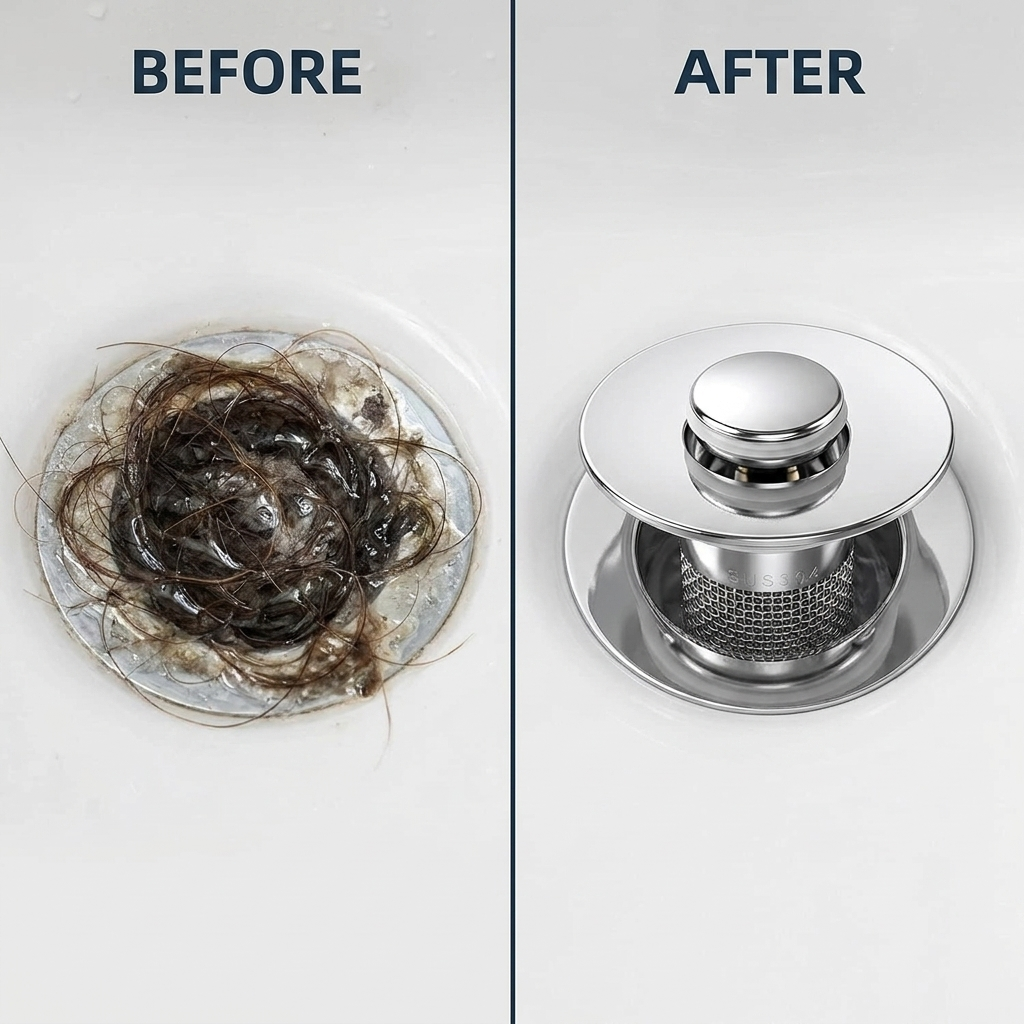 Before and after: a hair-clogged drain versus a clean Drainly-fitted drain