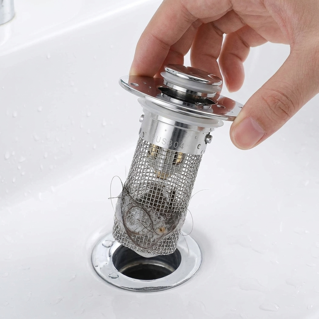 Drainly™ Pop-Up Sink Stopper + Steel Hair Catcher