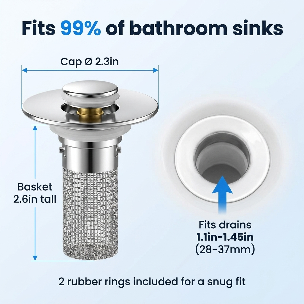 Drainly™ Pop-Up Sink Stopper + Steel Hair Catcher